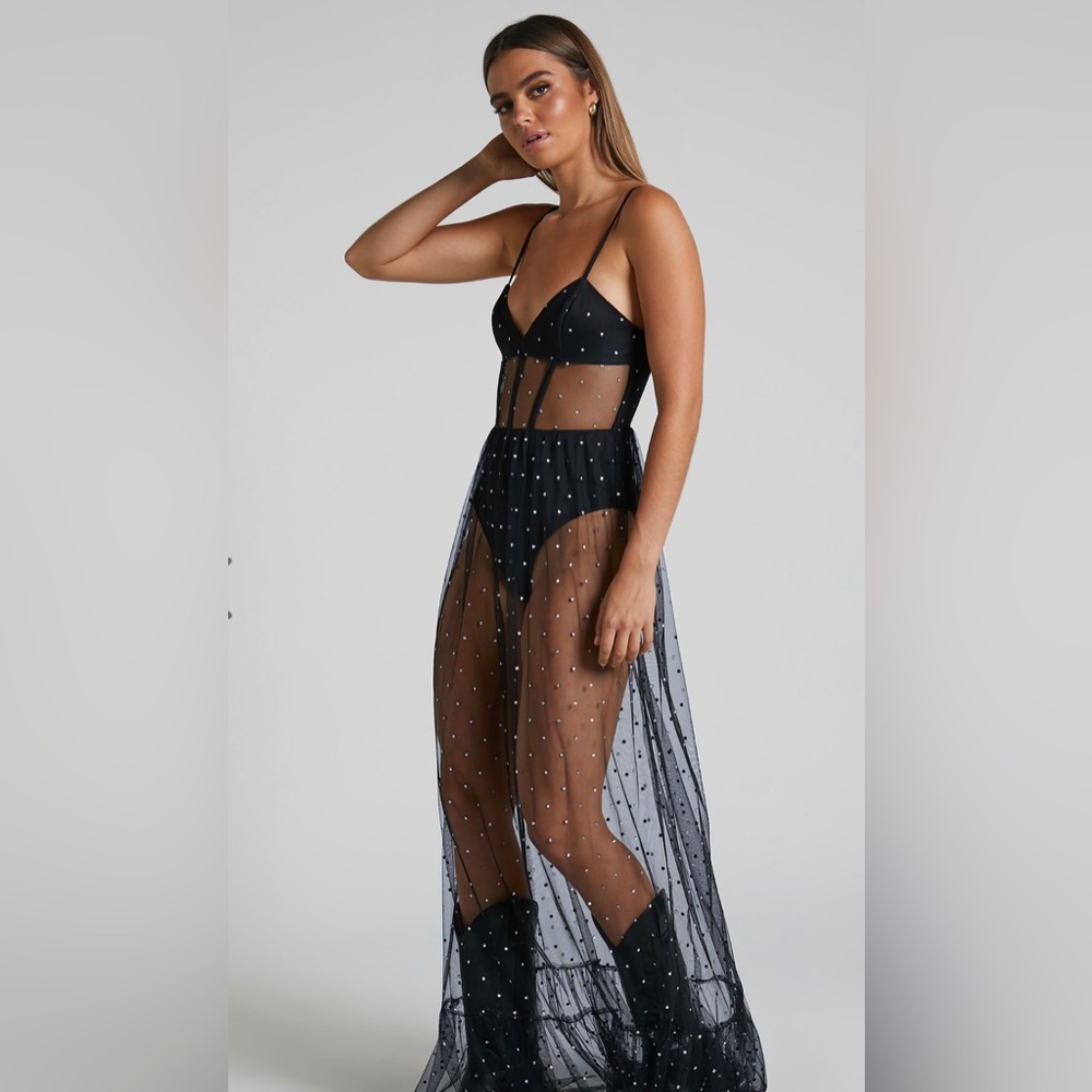 JAYLEEN MAXI DRESS - GLITTER TULLE CORSET DRESS IN BLACK